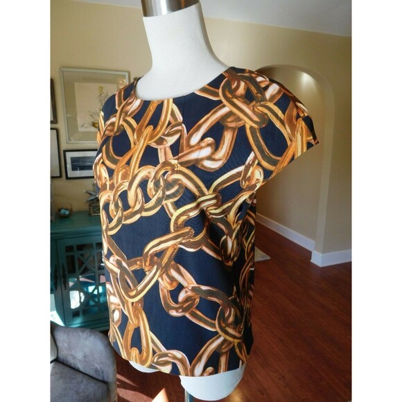 Gorgeous TRINA TURK "Carola Blouse" Chain Print Cap Sleeve Crew Neck Blouse P - Picture 5 of 10